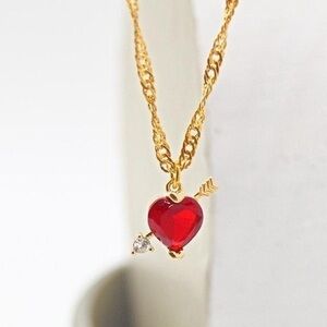 Small Heart Necklace – Red Faux Gem Heart Pendant, Cupid’s Arrow with CZ, Gold